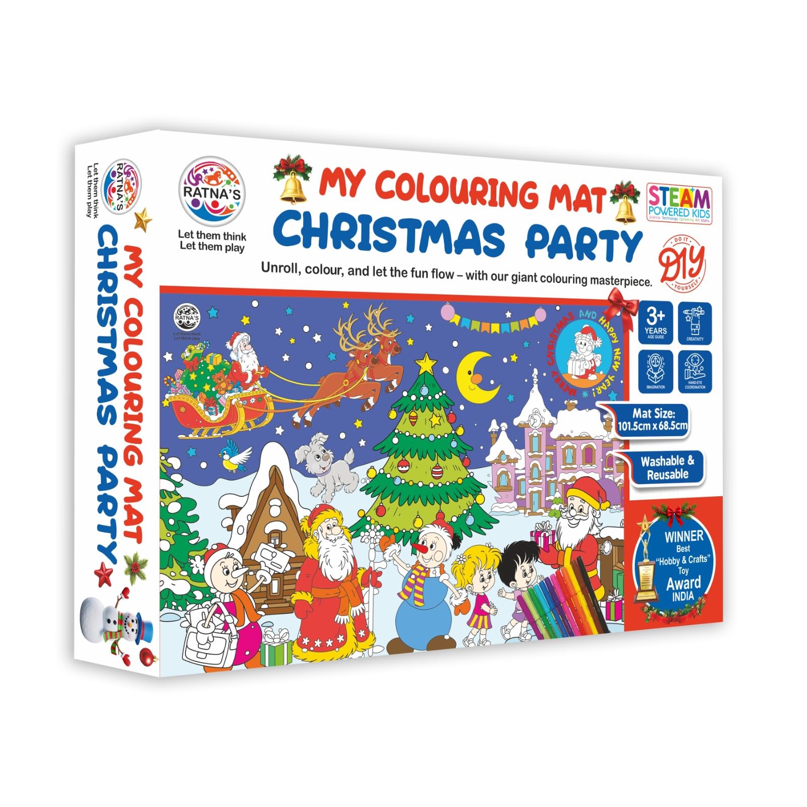 RATNA'S My Coloring Mat Christmas Party Colouring Set with 12 Sketch Pens, Washable and Reusable STEAM Learning Activity Mat Size 101.5 x 68.5cm, Art & Craft Kit for Kids Age 3+ Years
