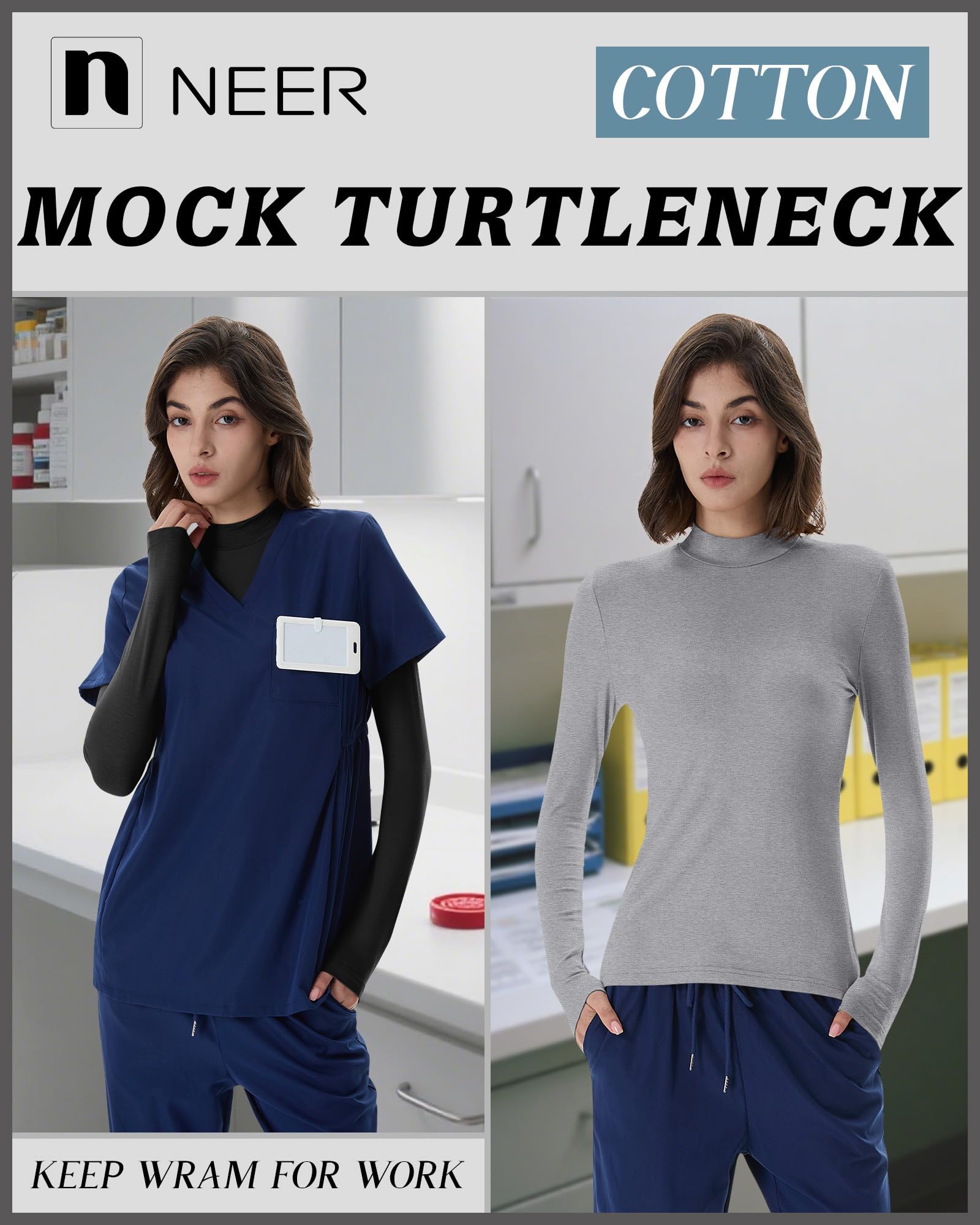 Neer Lot de 3 chemises à manches longues pour femme, col roulé, coupe ajustée, t-shirt basique pour infirmière