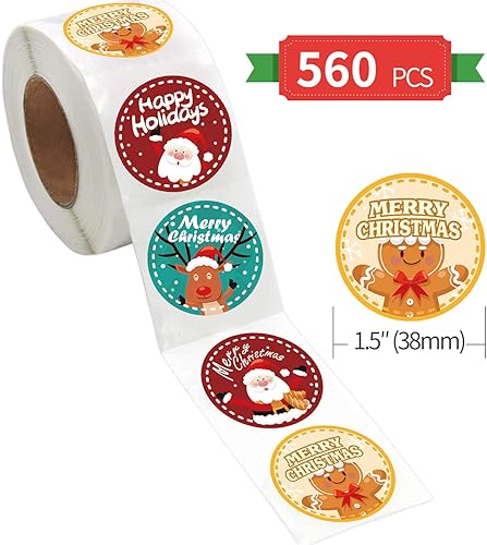 Miniatura 3 de BANPUBASE 560 calcomanías de Navidad para sobres, etiquetas redondas de 1.5 pulgadas, etiquetas adhesivas de sobre de vacaciones, sello de etiqueta