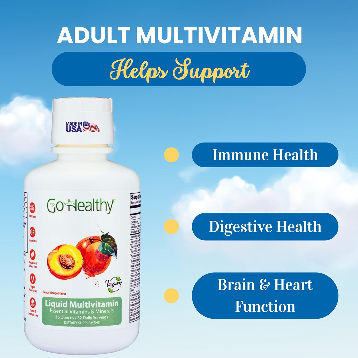 Go Healthy Liquid Vitamins for Women, Men, Teens | Vegan Vitamin & Mineral | High Absorption | Premium Liquid Multivitamin | Immune Support | Peach Mango - 32 Servings