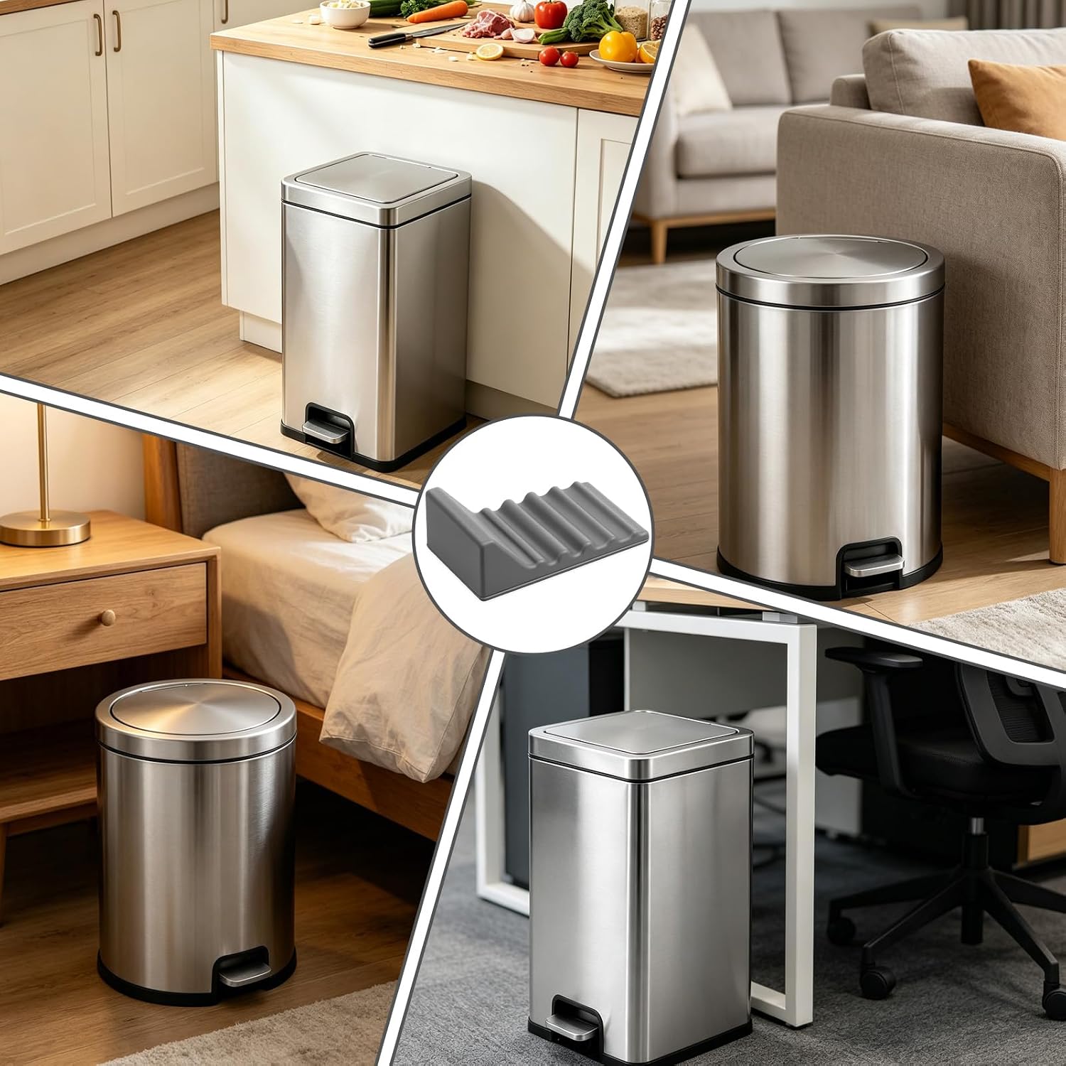 4 PCS Trash Can Wall Protector and Stop Moving Backward, Wall Protector Behind Trash Can Bumper Holder for Square & Round Garbage Guard Bin, No Drill for Kitchen Office Floor (Gray)