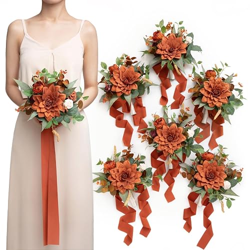 Ling's moment Artificial Bridesmaid Bouquets Set of 6,Terracotta Wedding Flower