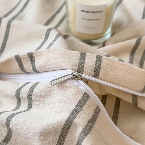 Miniatura 6 de Mucalis Juego de funda de edredón beige tamaño King con rayas verdes, 100% algodón lavado, moderno juego de ropa de cama de 3 piezas con cierre de