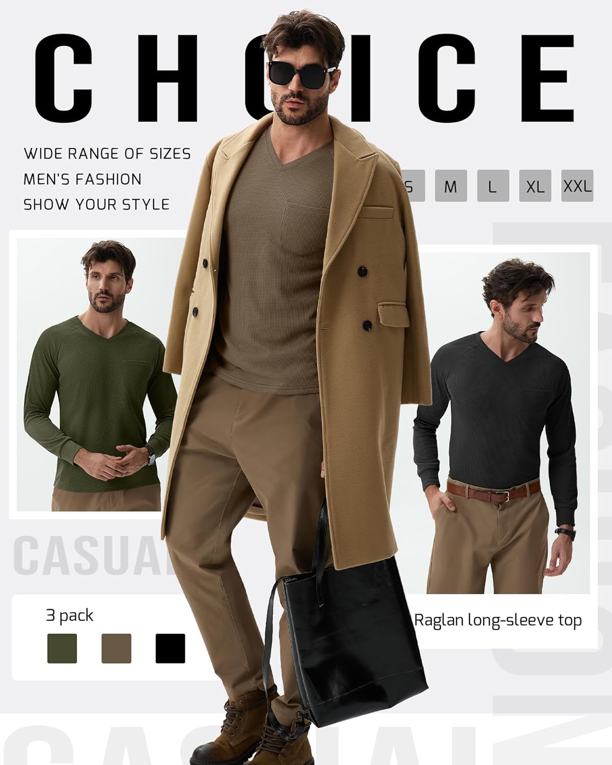 3 Pack Men's Waffle Shirts Long Sleeve V Neck Raglan Sleeve Knit Tops Casual Thermal Undershirts with Pocket Regular - Image 5