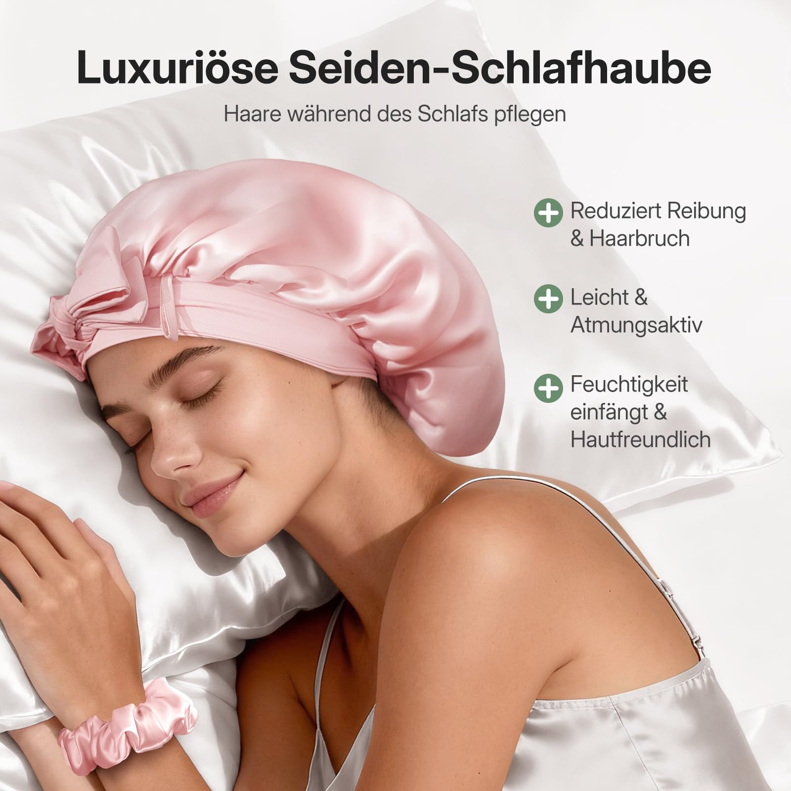 LitBear 22 Momme Seidenhaube zum Schlafen - große doppellagige 100% Silk Bonnet mit verstellbares breites Band, atmungsaktive und Haarschutz mit Seiden-Scrunchie