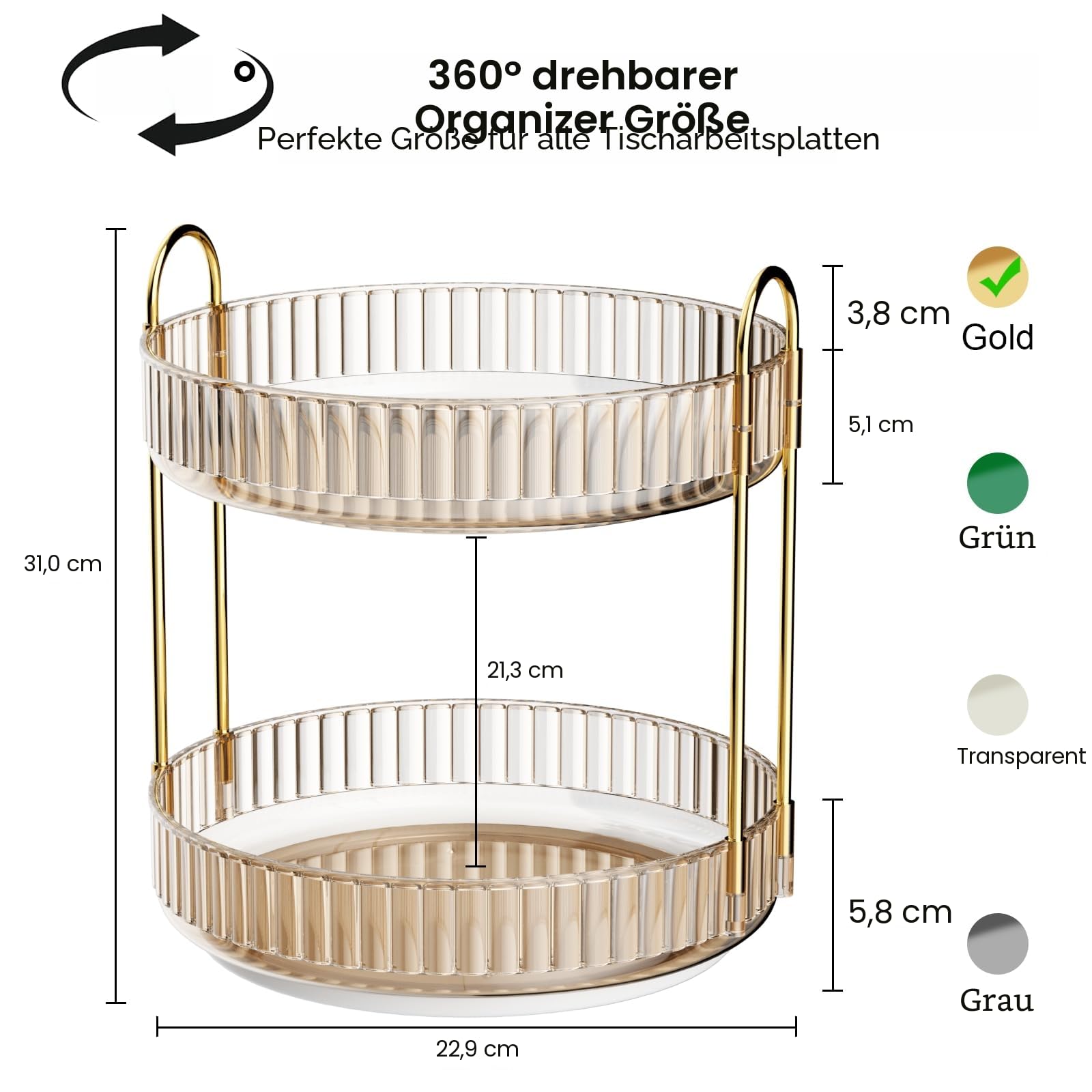 MOACC Make Up Kosmetik Organizer, 360° Drehbar Aufbewahrung, Schmink Organizers für Dresser Schminktisch Skincare Aufbewahrungssystem, 2 Schichten, Bernstein