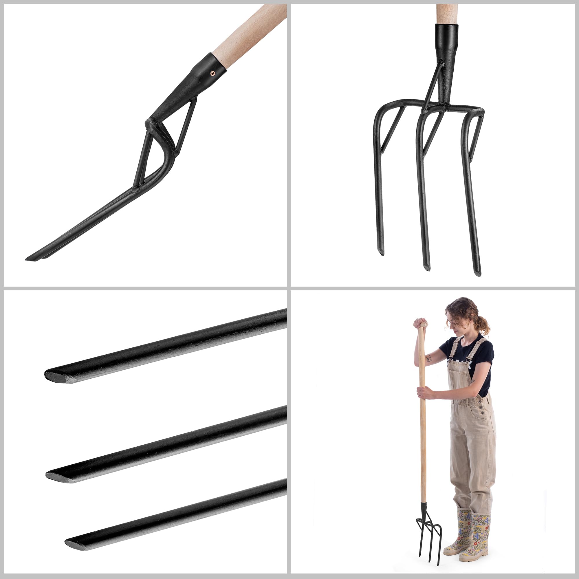 KADAX Fourche bêche avec tête en acier renforcé, 3 dents et poignée ergonomique en T, fourche de jardin pour ameublir et creuser les sols durs (avec manche)