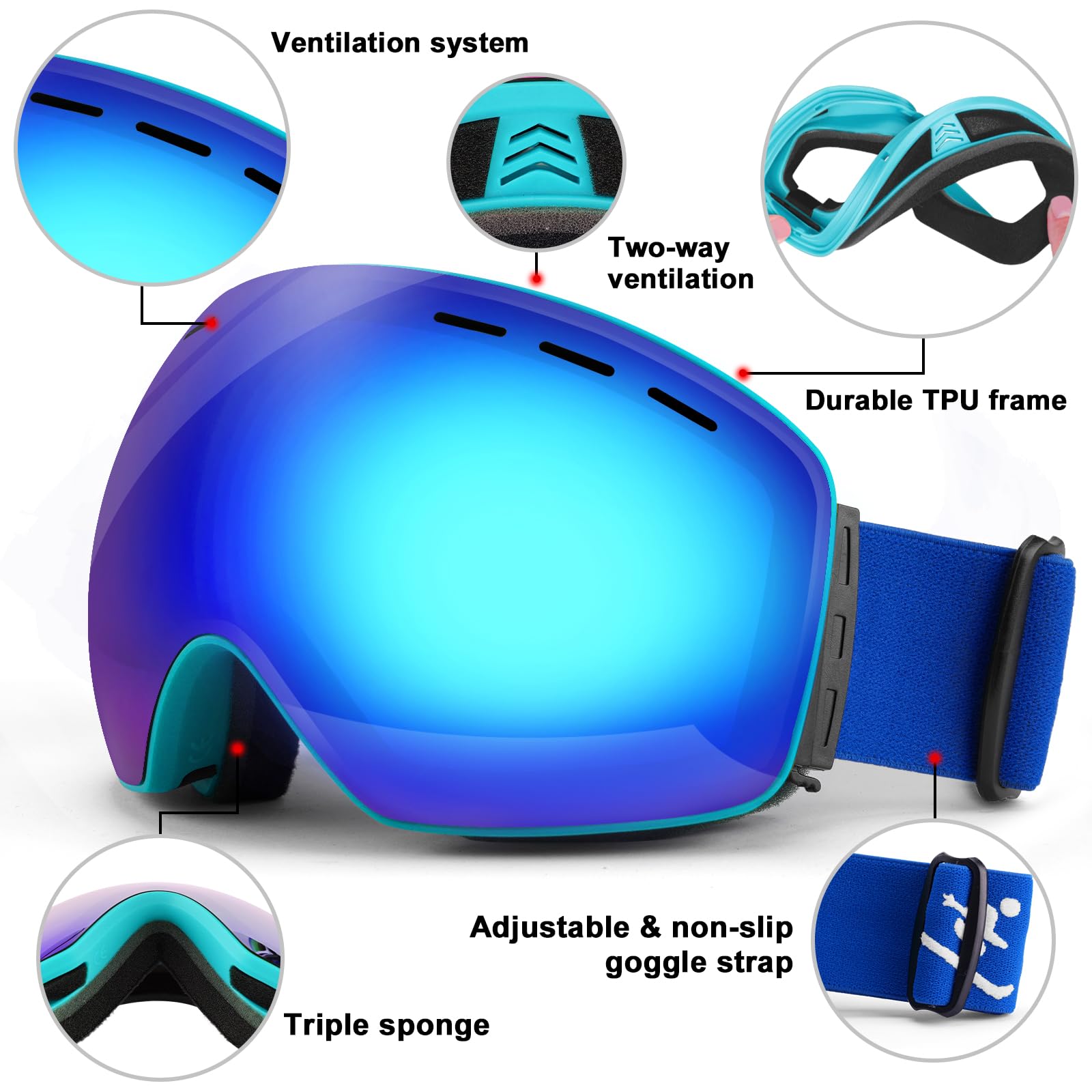 Trusiel Maschera Sci, Occhiali da Sci OTG, Anti Nebbia Anti-UV Maschera da Sci Donna Uomo, Occhiali da Sci Casco Compatibile per Sci Snowboard Sport Invernali