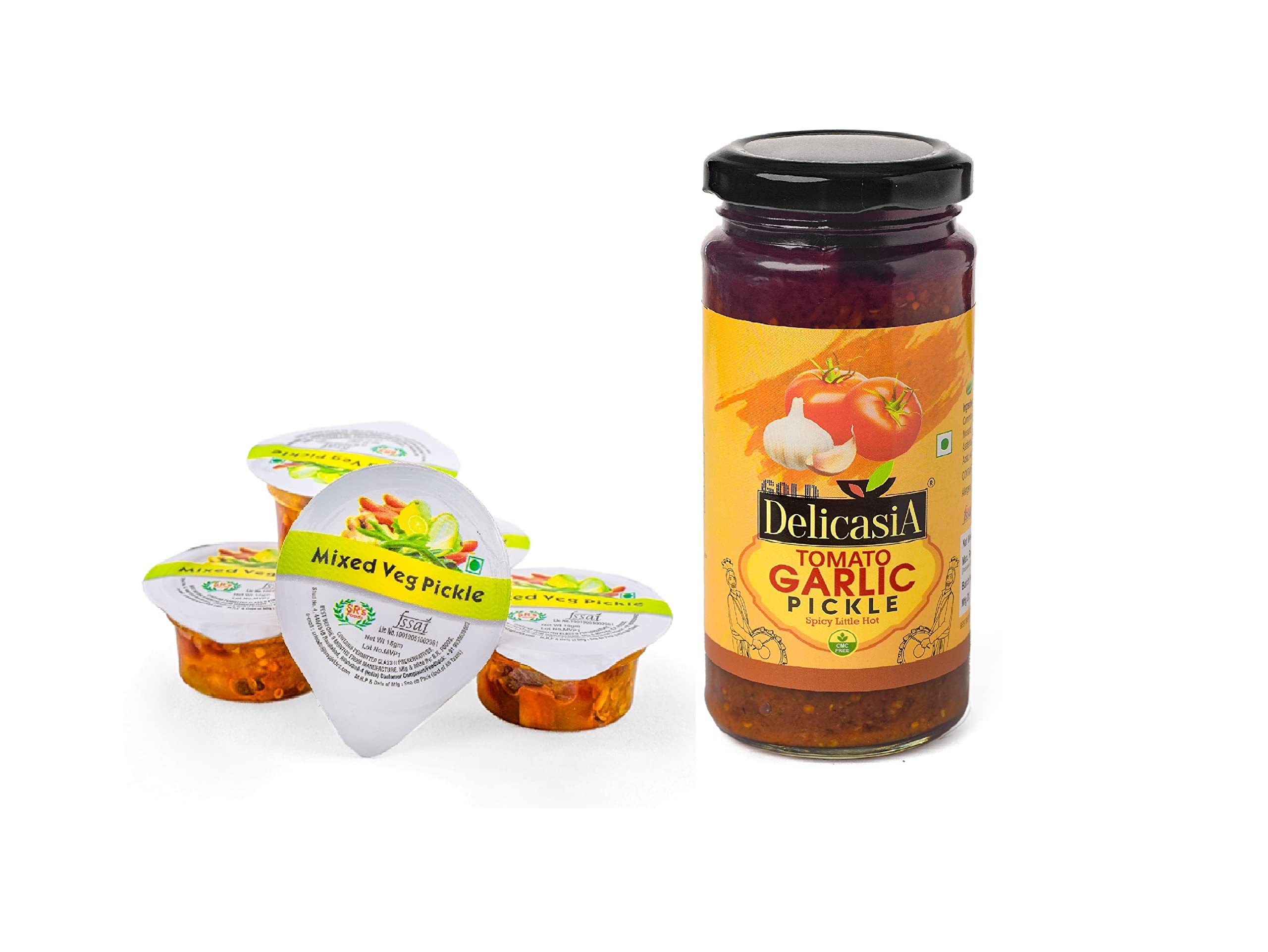 DELICASIA (SRs) MIXED VEG PICKLE 15gm CHOTU PACK (PACK OF 48) & TOMATO GARLIC PICKLE 250 GM (COMBO OF 2). PORTION PACK. INDIAN FLAVOR. NO ARTIFICIAL COLOR AND FLAVORS. GLUTEN FREE. 77 YEARS OF TRUST (B09W5Z4GH9) Amazon Price History, Amazon Price Tracker