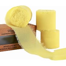 KEOSREE 3 Rolls Cream Yellow Handmade Chiffon Ribbon,1.5" x21Yd3Rollsx7Yd | Frayed Fringe Silk Ribbons for Gifts Wrapping, Wedding Invitations, Bridal Bouquets, Decoration