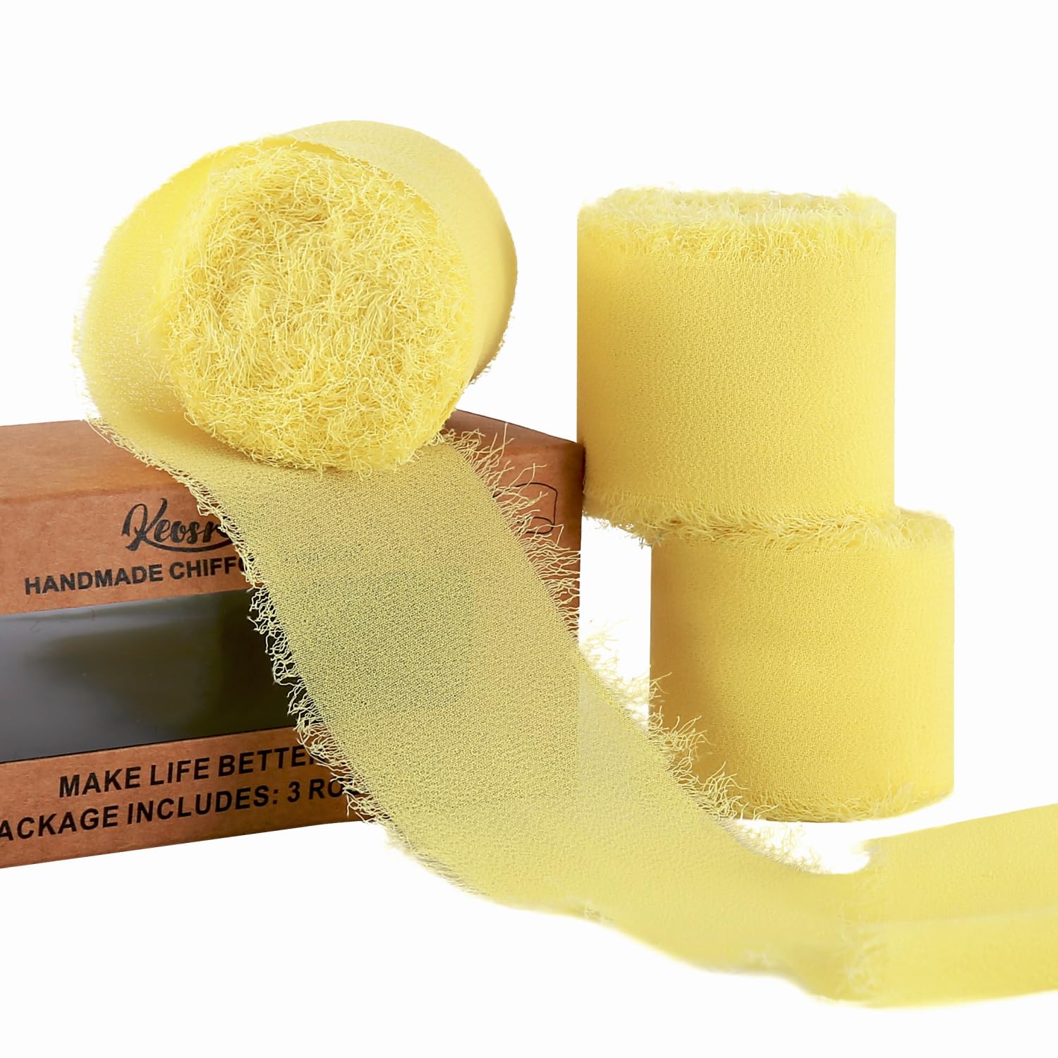 Photo 1 of KEOSREE 3 Rolls Cream Yellow Handmade Chiffon Ribbon,1.5" x21Yd(3Rollsx7Yd)