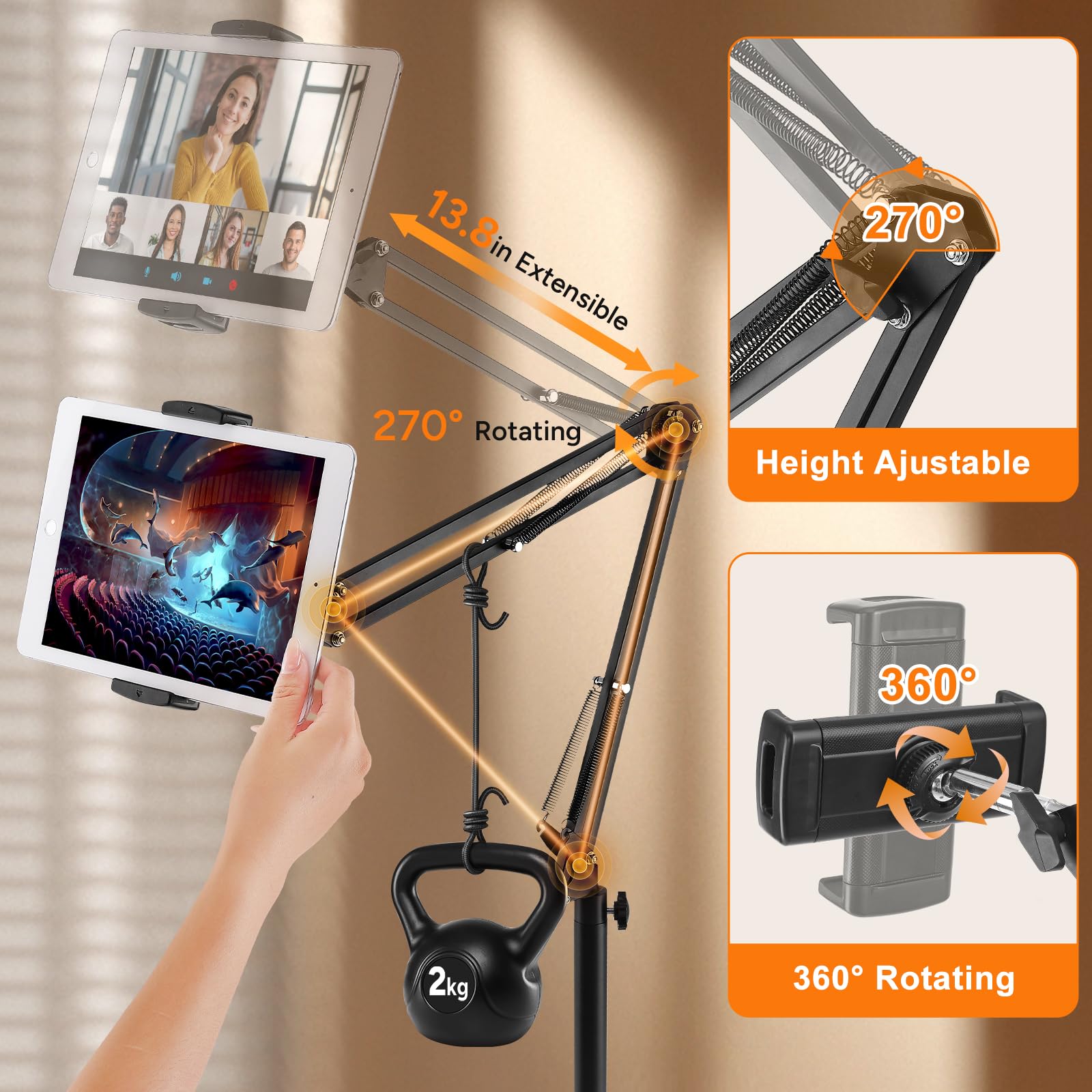 Tablet-Bodenständer mit 5,4 kg stabiler Basis, höhenverstellbar, dehnbarer Arm, Schwenkhalterung, kompatibel mit iPhone, iPad Pro Air Mini, Samsung Tab, Kindle, Handys (11,9 - 33 cm)