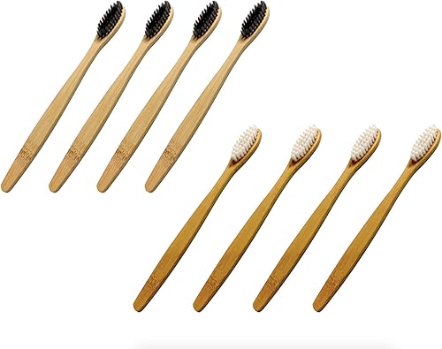 Cepillo de dientes ecológico de bambú natural, orgánico, sin BPA y duradero con mango ergonómico (paquete de 8 4 PBT suaves + 4 cerdas de nailon