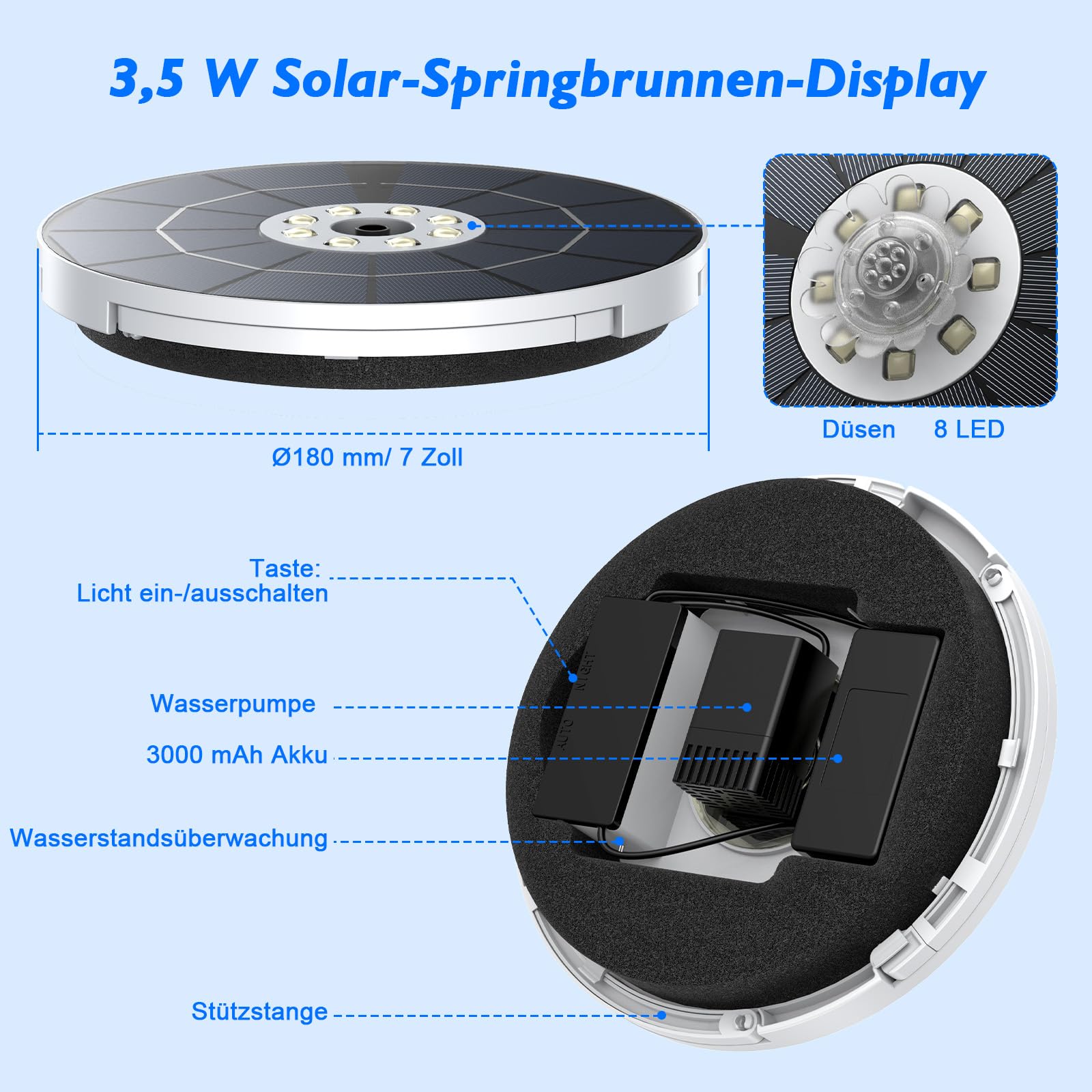AISITIN 3,5W LED Solar Springbrunnen für Außen nur Nachts mit 3000mAh Akku