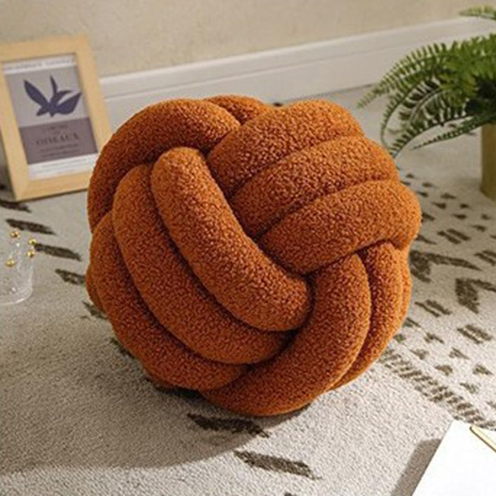 HshDUti Knot Pillow Ball, Soft Home Decorative Round Throw Pillow, Handmade Knotted Plush Pillow, Round Boucle Pillow Cushion, Aesthetic Knot Plush Decorative Pillows for Bed Sofa Couch Brown