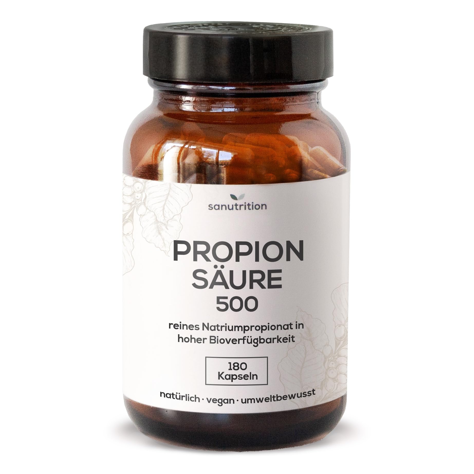 Propionsäure 500 mg pro Kapsel | 180 Kapseln | reines Natriumpropionat | Darmflora | gute Bioverfügbarkeit und Verträglichkeit | Vegan | 100% ökologische Papierverpackung