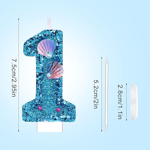 Miniatura 2 de Vela de número de cumpleaños de 3 pulgadas, velas de números de lentejuelas de concha azul con purpurina para decoración de pastel para cumpleaños,