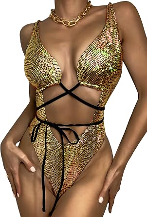 Womens Shiny Hologram Snakeskin Sexy One Piece SwimsuitsBikini Bathing Suit Lace Up Rave Festival