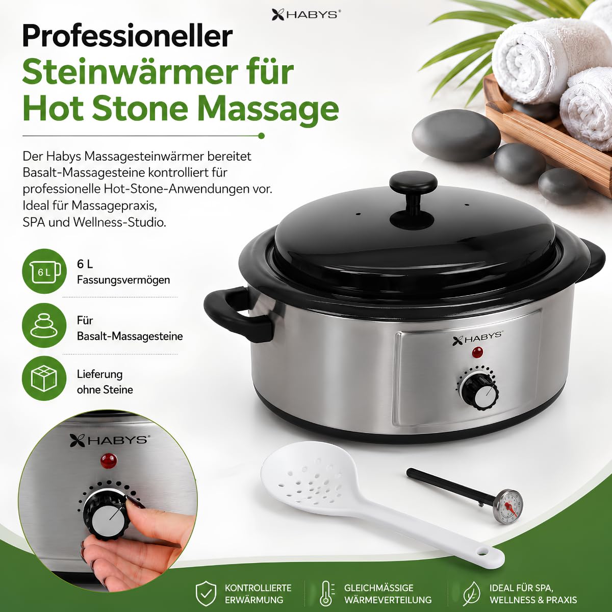 Hot Stone Wärmegerät 6 Liter aus Edelstahl | Temperaturregler für Massage und Therapie, Analog Kontrolle, Thermometer und Schöpfkelle