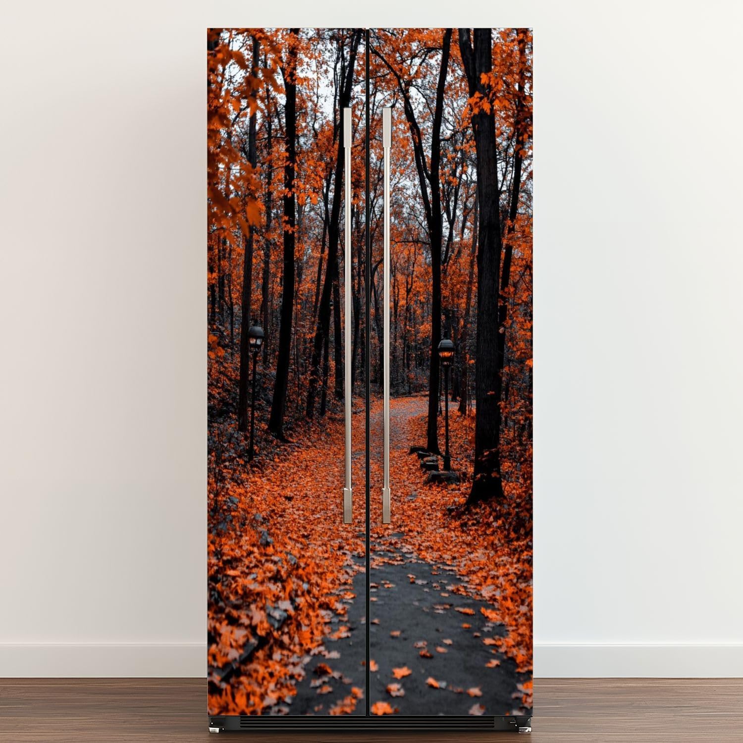 Self Adhesive Vinyl Refrigerator Wrap Orange Autumn Garden Nature Forest Photography Realism Rustic Scenic Door Mural Sticker Peel and Stick Removable Door Cover Fridge Wrap Decal for Kitchen Decor