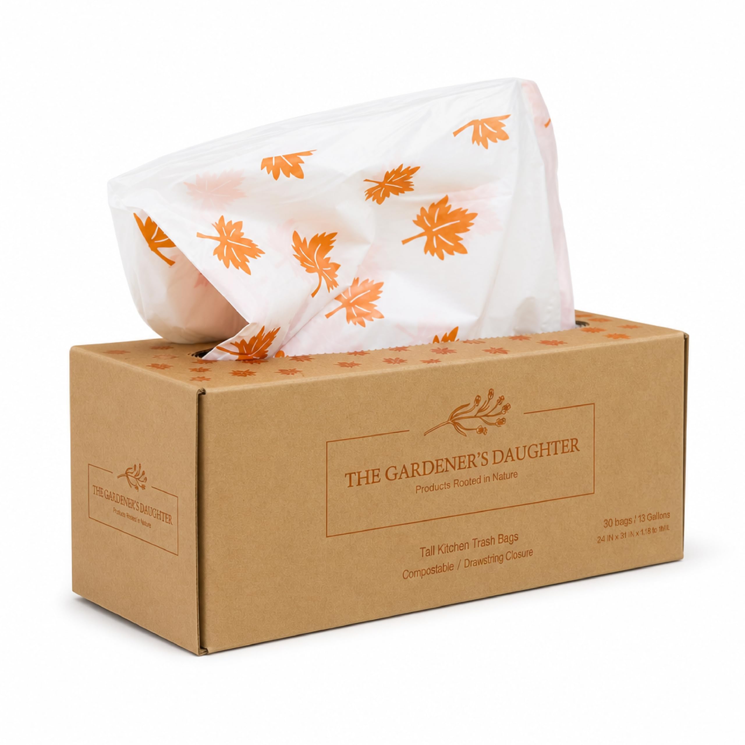 Limited Edition Fall Maple Leaf Compostable Trash Bags By The Gardener's Daughter, 13 Gallon, 30 Count, White, Extra Strength, Drawstring Kitchen Wast_desvips.com