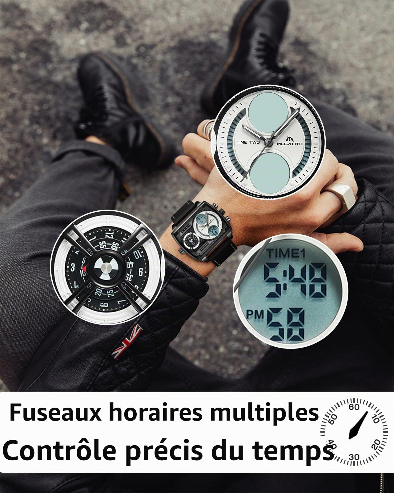 MEGALITH Montre Homme Grand Cadran Carré Design Zone Multi-temporelle Digitale Etanche Analogique Quartz Montre Bracelet Homme Mode