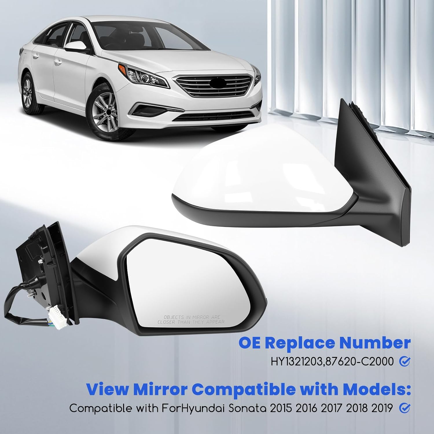 Right Passenger Side Mirror Compatible With Hyundai Sonata 2015 2016 2017 2018 2019, W/Power Glass/Heated/Manual Folding, Replace HY1321203,87620-C2000 White, 5Pins