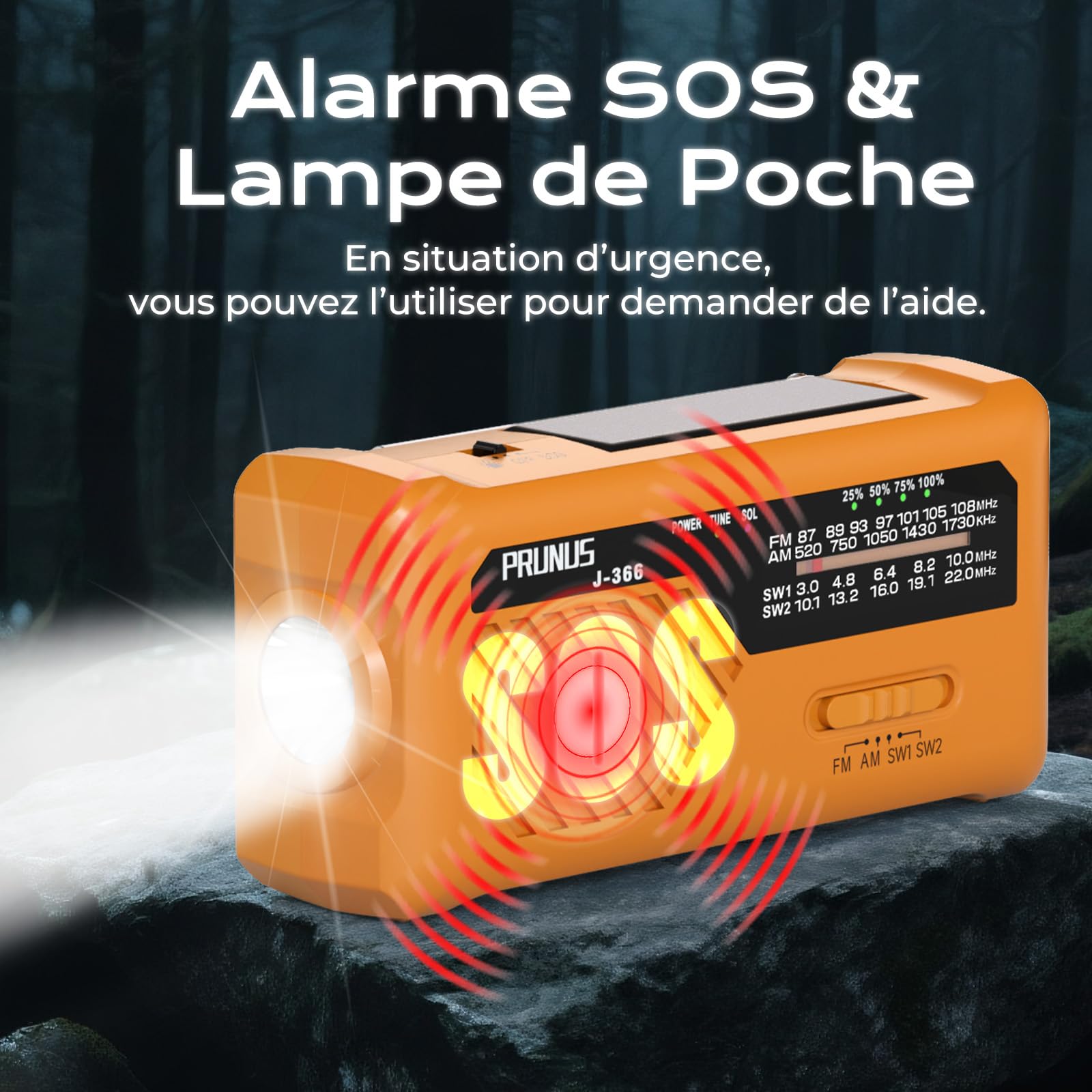PRUNUS J-366 Radio Portable d'Urgence à Manivelle avec Batterie Rechargeable 2000mAh, Alarme SOS, Lampe de Poche, USB-C, Solaire