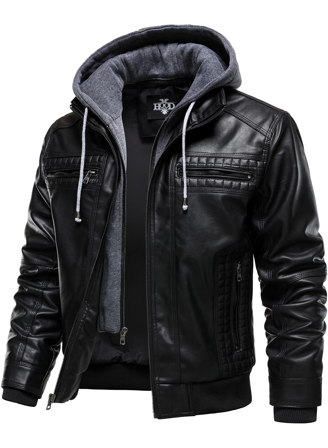 HOOD CREW Men Faux Leather Jacket with Detachable Hood Casual Motorcycle Bomber Jackets Outerwear