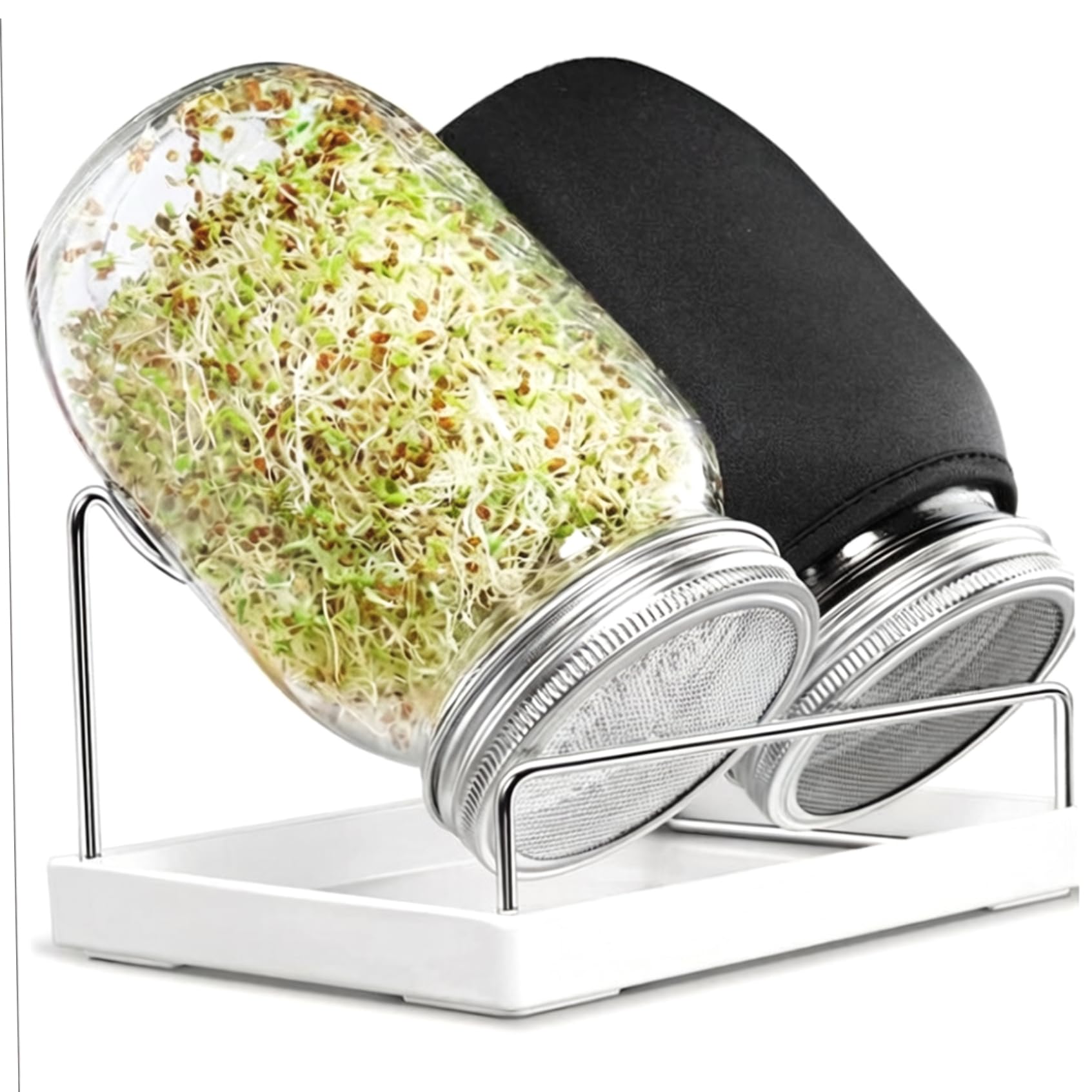 Kit de Culture de germes Pot Germination à Large Ouverture avec couvercles en Maille d'acier Inoxydable Plateau d'égouttage et Support pour Brocoli Haricot Mungo et Luzerne