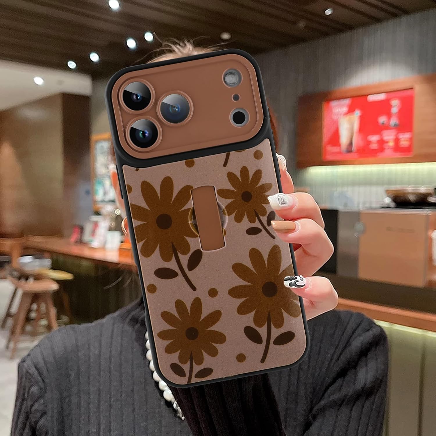 MOWIME Compatible with iPhone 17 Pro Max Case with Finger Strap, Daisy Floral Shockproof Soft TPU Protective Cover for Women Girls, Slim Anti Scratch Case for iPhone 17 Pro Max 6.9 Inch, Brown - Image 4