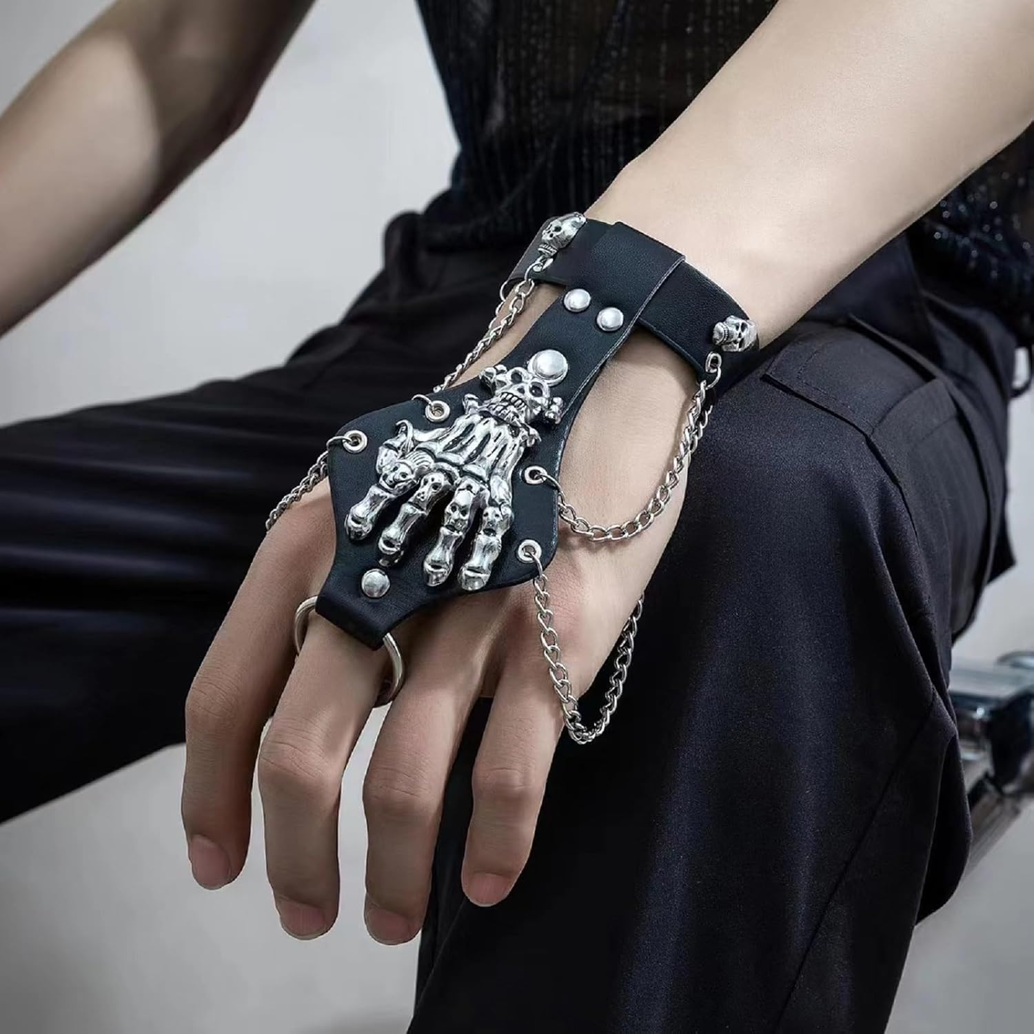 MIAO JIN 2Pcs Skeleton Hand Bracelet,Gothic Punk Rock Spike Skull Ghost Leather Cuff Bracelet Accessories With Claw Finger Wristband,Halloween Jewelry Decoration for Women Men on Party,Black - Image 5