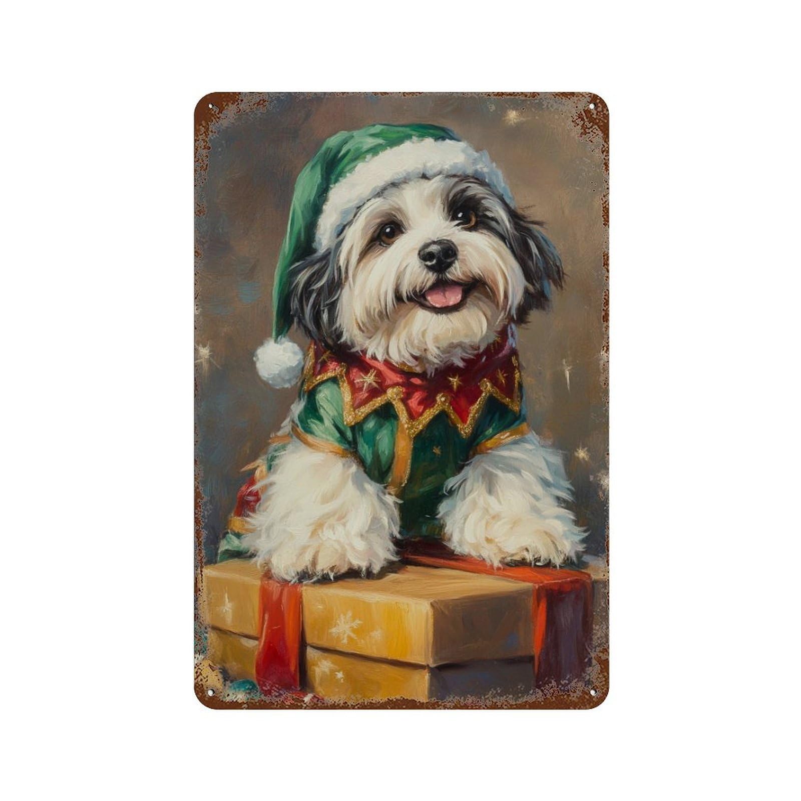 Decorative Tin Sign Christmas Dog in Elf Outfit 11.8"x7.9", Decorative Metal Wall Art for Garage, Bar And Workshop Decor