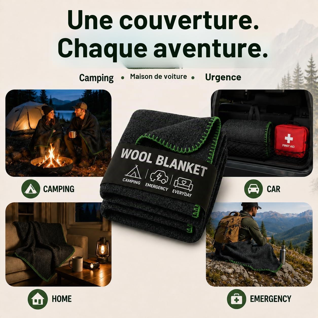 Jmr USA Inc. Couverture Militaire en Laine pour Camping, Urgence et Utilisation Quotidienne, Ignifuge, Extra épaisse et Chaude, 70% Laine, Gris, Taille 157,5 x 213,4 cm.
