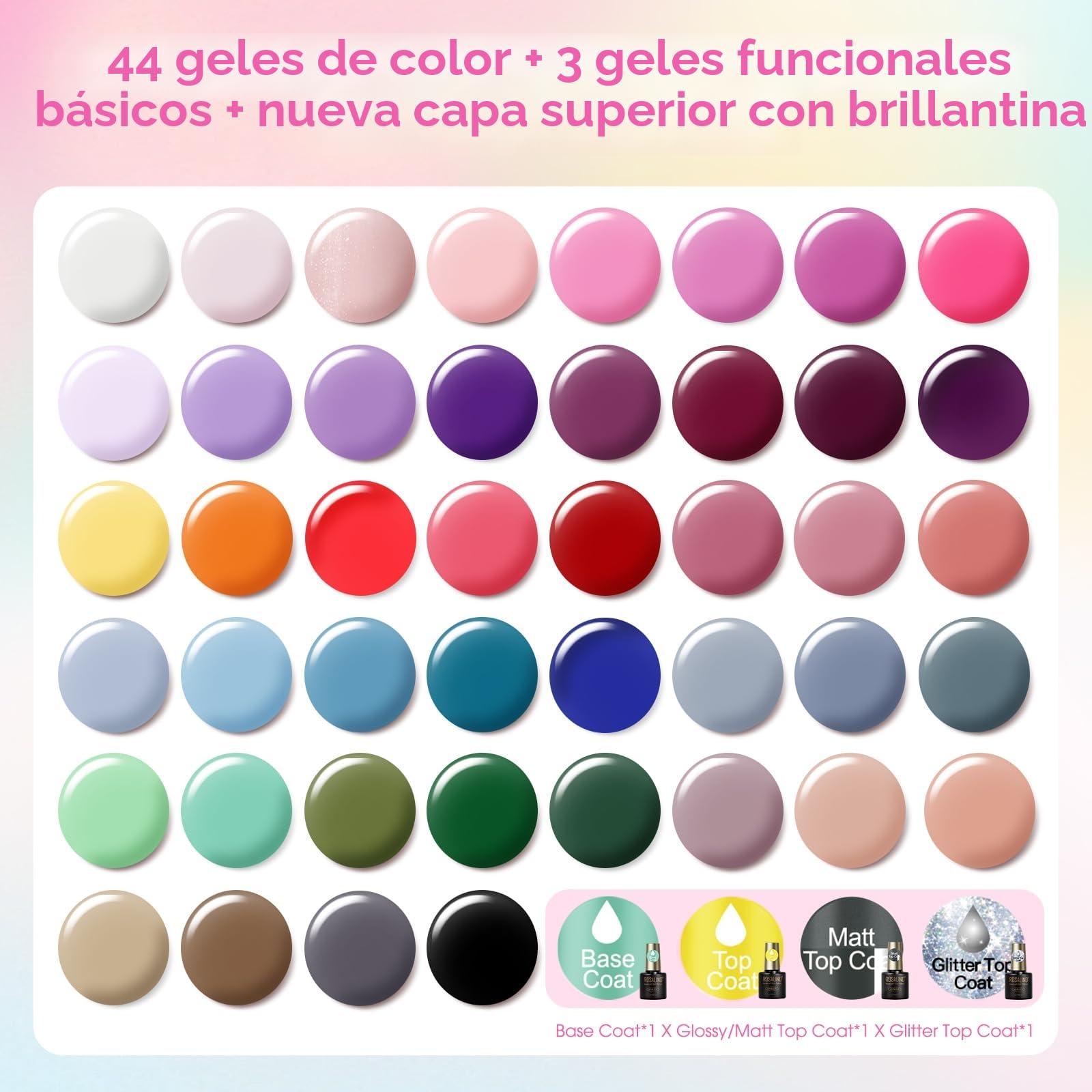 ROSALIND Esmaltes Semipermanentes Para Uñas, 48 Piezas Blanco Rosa Morado Amarillo Naranja Rojo Colores Esmaltes Semipermanente Azul Verde Marrón, UV/LED Mini Pintauñas Semipermanentes Nail Art Regalo