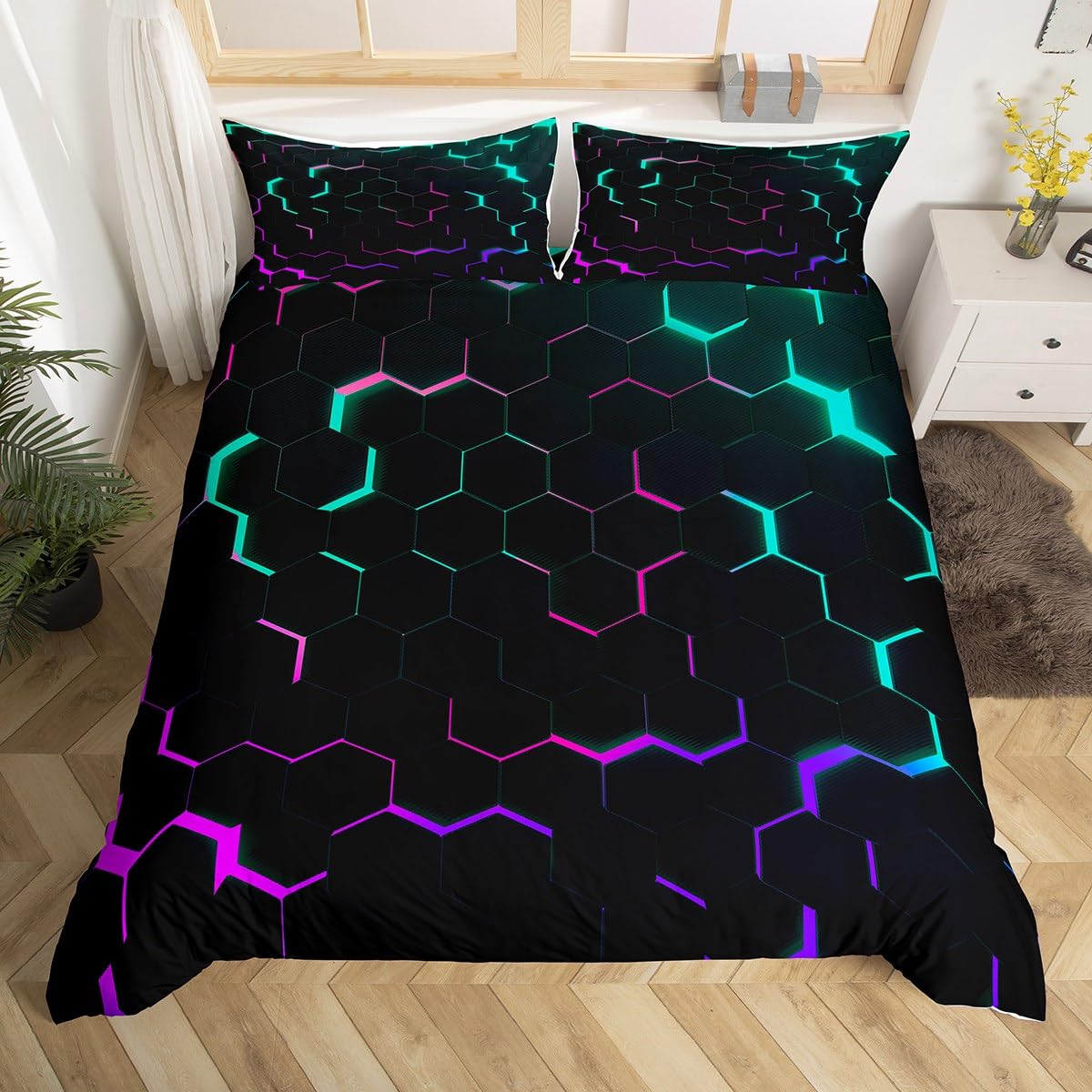 Housse de couette bleu sarcelle fluo en nid d'abeille pour une chambre joyeuse