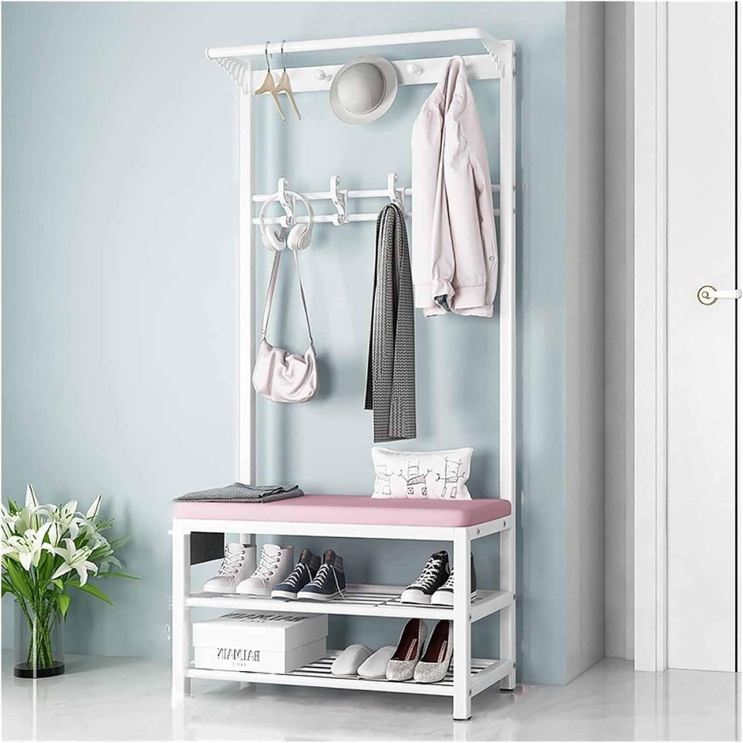 Industrial Hall Tree Entryway Bench with 8 Hooks and Storage - Metal Frame Coat Rack Shoe Rack Organizer - Easy Assembly for Living Room, Bedroom, Hallway