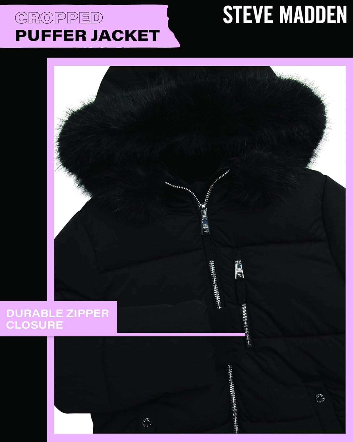 Steve Madden Womens Puffer Winter Coats - Cropped Wind & Water Resistant Insulated Quilted Jackets Winter with Faux Fur Coat