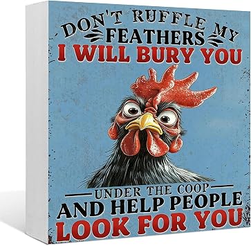 Chicken Block Signs Dont Ruffle My Feathers I Will Bury You Chicken Wooden Box Block Sign Wood Sign Desk Decor for Table Kitchen Yard Home Shelf Decor 55 Inch
