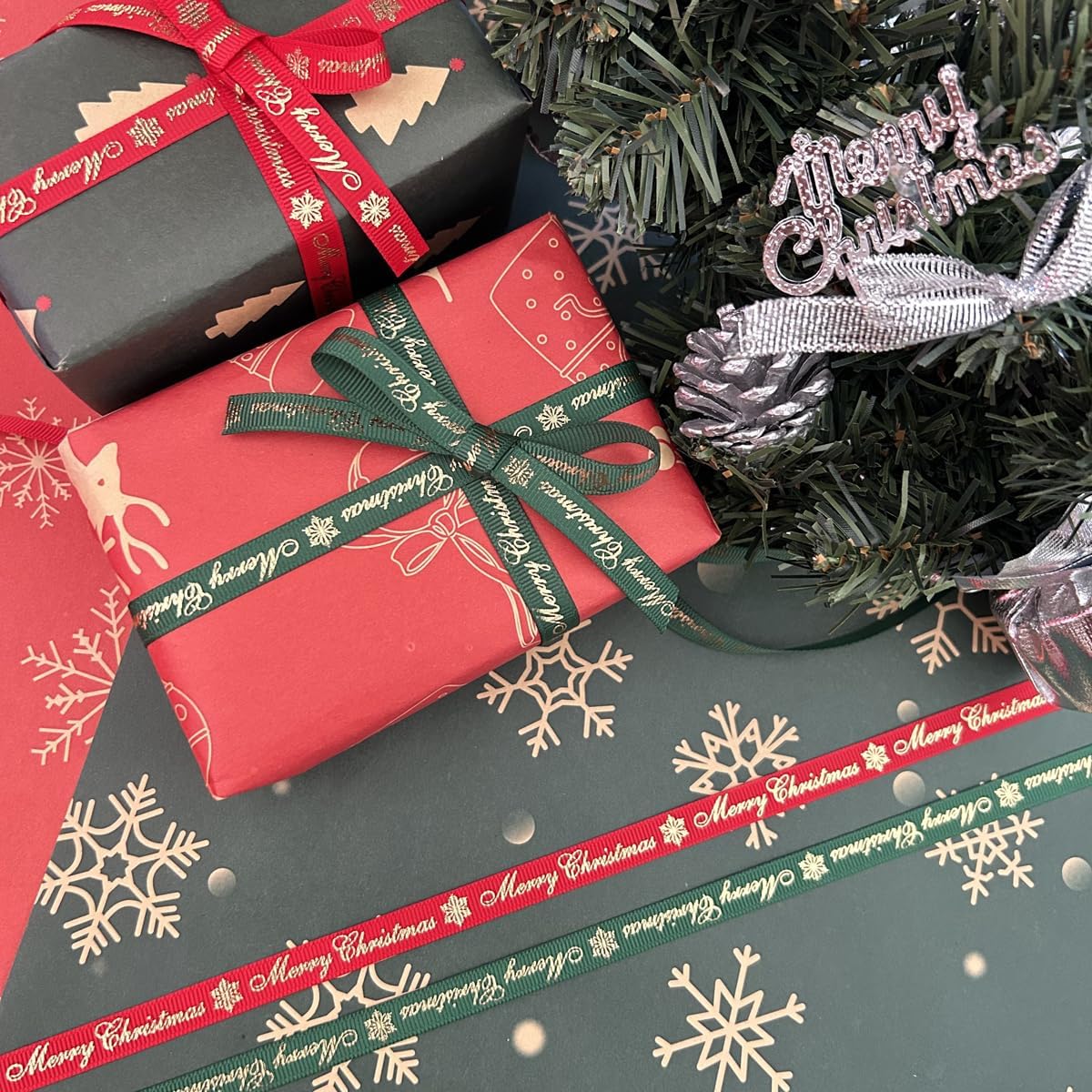 2 Roll 4 Yards Christmas Ribbon Polyester Satin Christmas Wired Ribbon Incl.Christmas Tree, Smile Face, Snowflake, Merry Christmas Ribbon for Wreaths Bows Christmas DIY Bouquets Crafts Decor (0.98in)