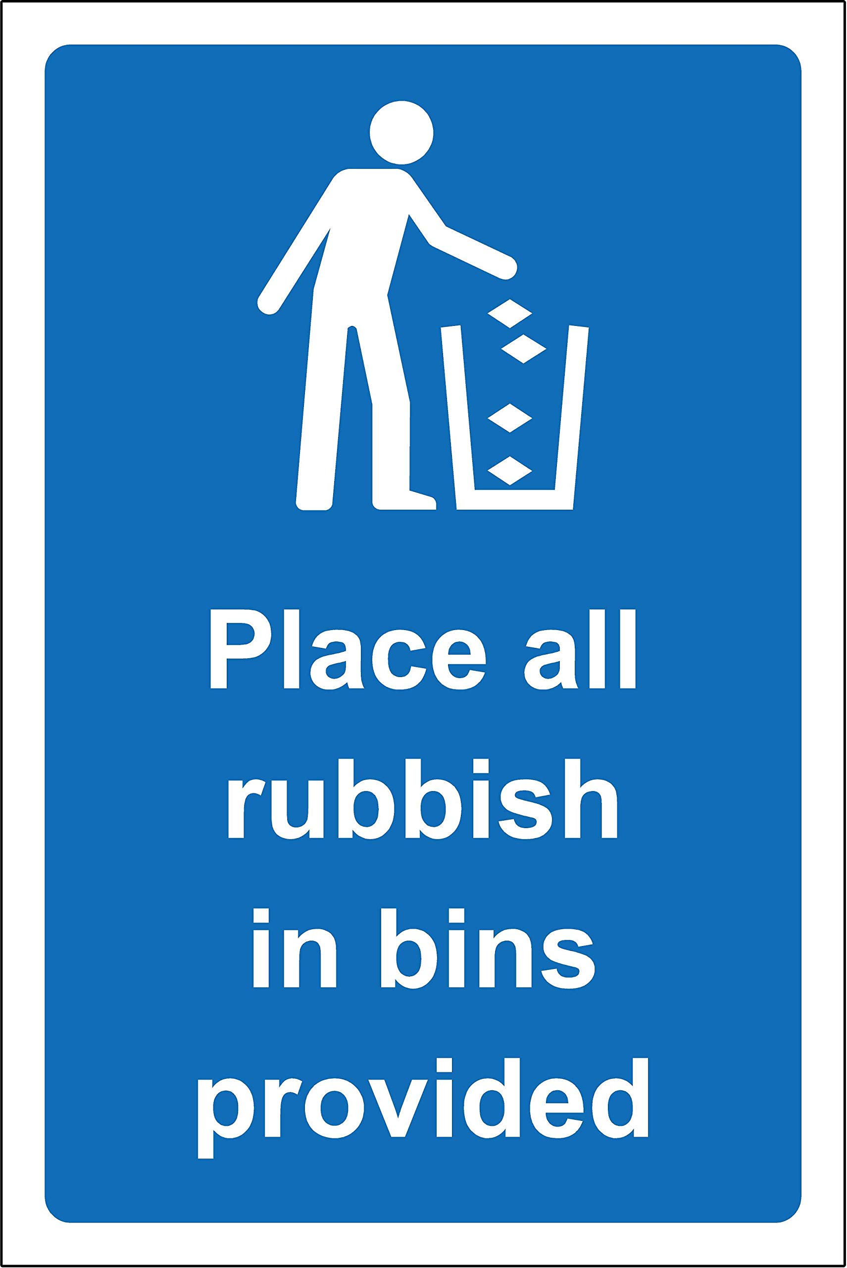 Kpcm Display Ltd Blue Place All Rubbish In Bins Provided Safety Sign - 1.2Mm Rigid Plastic 400Mm X 300Mm