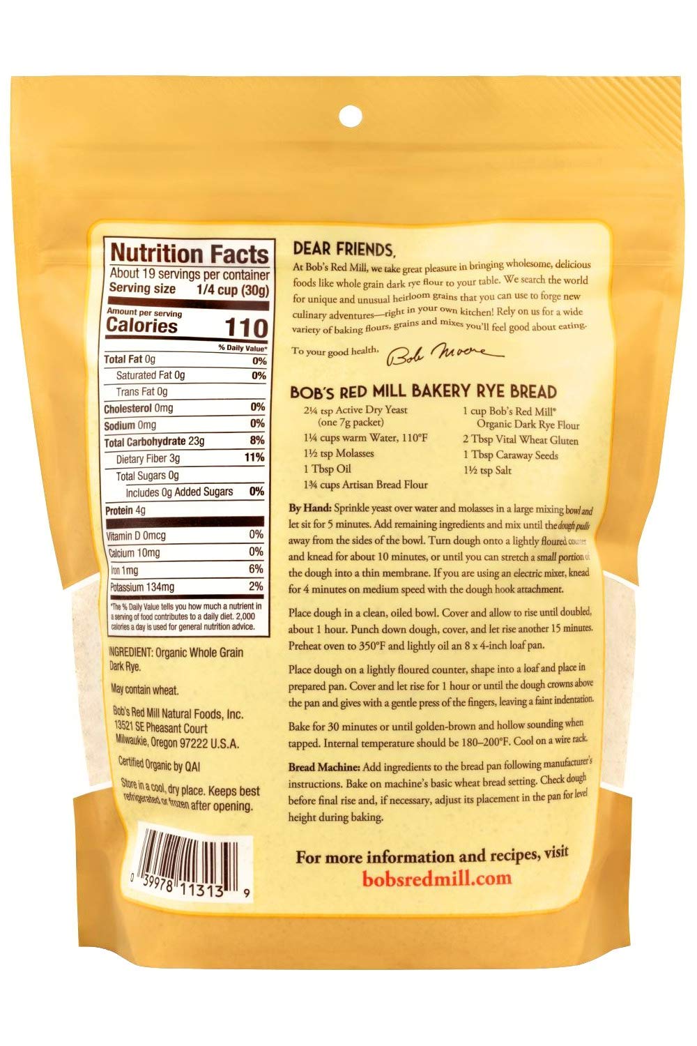 Bob's Red Mill 2 Organic Dark Rye Flour - 2 20 Ounce (1.25 lbs) Stand Up Resealable Bags