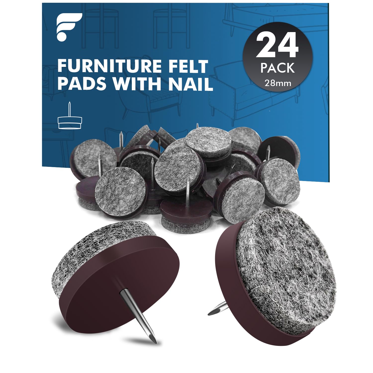Shinfly Nail 24 Pcs Chair Leg Floor Protectors, Non Slip Felt Pads For Furniture Feet, In Chair Leg Floor Protectors With 4Mm Thick, Diametr 28Mm