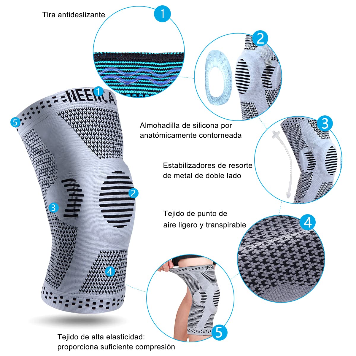 NEENCA Rodillera Profesional, Rodillera de Compresión con Almohadillas de Gel de Rótula y Estabilizadores Laterales para Hombre y Mujer, Rodilleras de Grado Médico para Correr, Desgarro de Menisco - 3