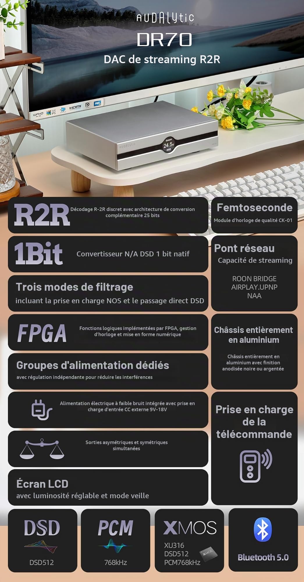 GUSTARD AUDALYTIC DR70N R2R Streaming DAC - Pont de réseau audio domestique Streaming CK-01 Clock Native 1-Bit-DSD-D/A Convertisseur DSD512&PCM768kHz (Noir)