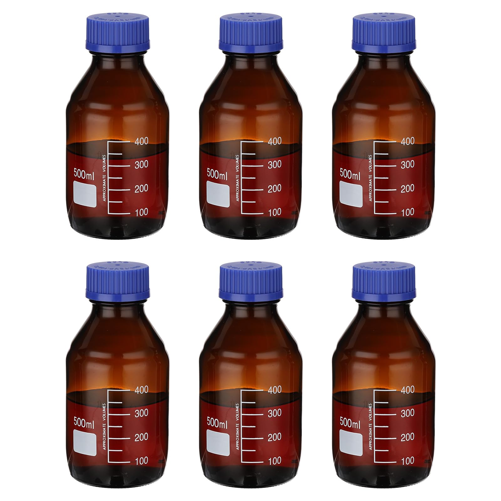 PATIKIL 6 Pack Reagent Media Storage Bottles, 500ml Borosilicate Glass Graduated Round Bottles with GL32 Blue Screw Cap for Lab Water Reagent Liquids, Amber