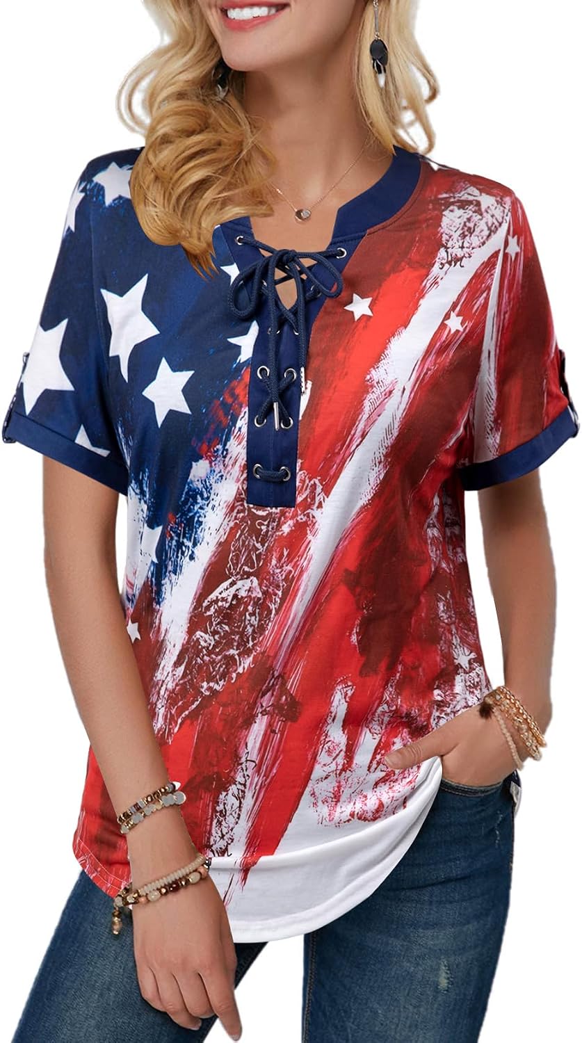 VILOVE American Flag Shirt Tops Women 4th of July T-Shirts Ring Hole Star Stripes USA Short Sleeve V-Neck Patriotic Tees