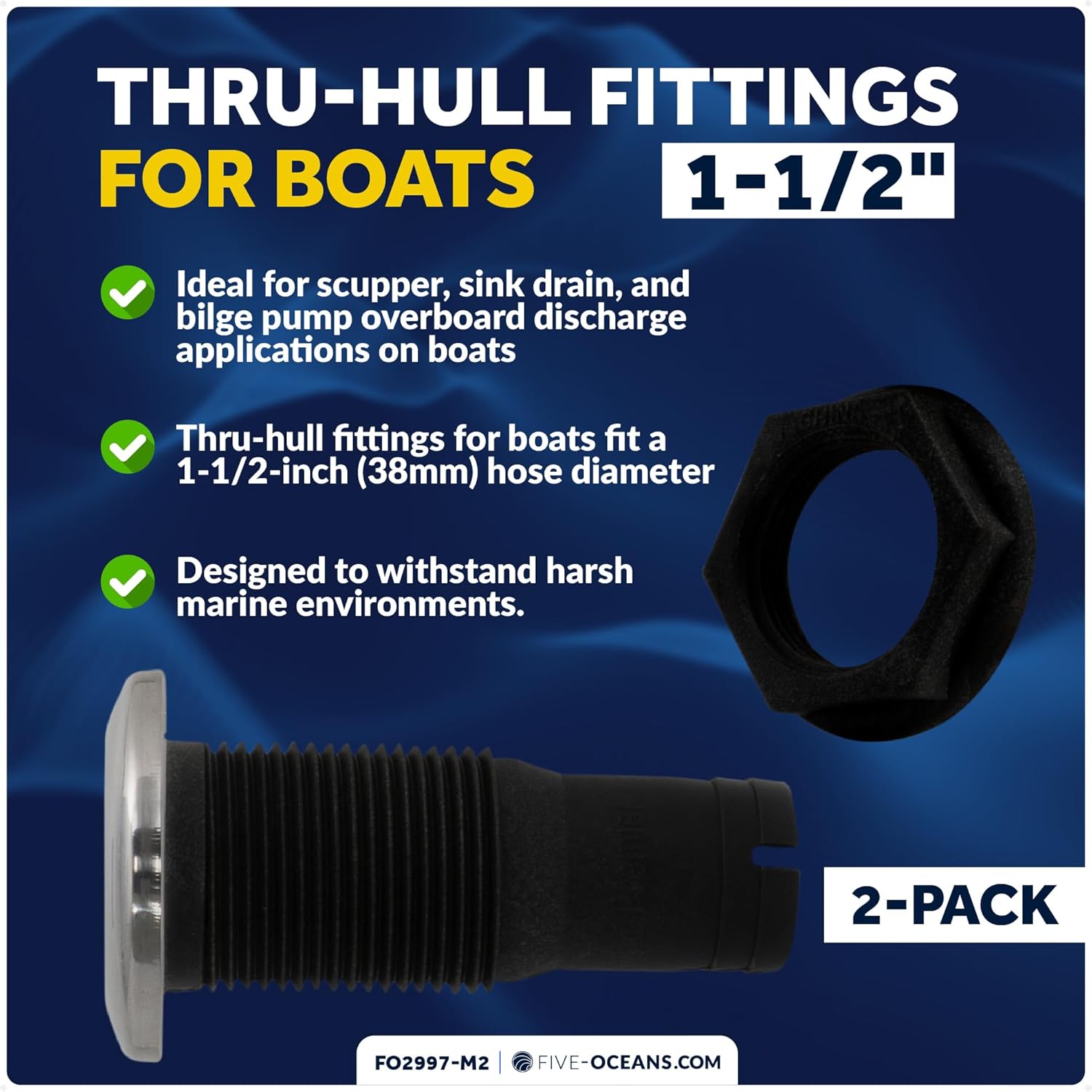 Five Oceans Thru Hull Fittings for Boats - Black Thru Hull Fitting with Stainless Steel Head, UV Resistant Nylon Through Hull Fitting for Scupper, Bilge, Sink Drain - Multiple Sizes