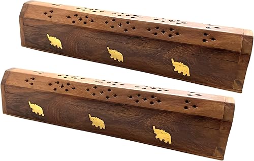 Vista 46 de Paquete de 2 quemadores de incienso de madera tipo ataúd - Incrustaciones de latón de 12 pulgadas - Compartimento de almacenamiento (Buddha)
