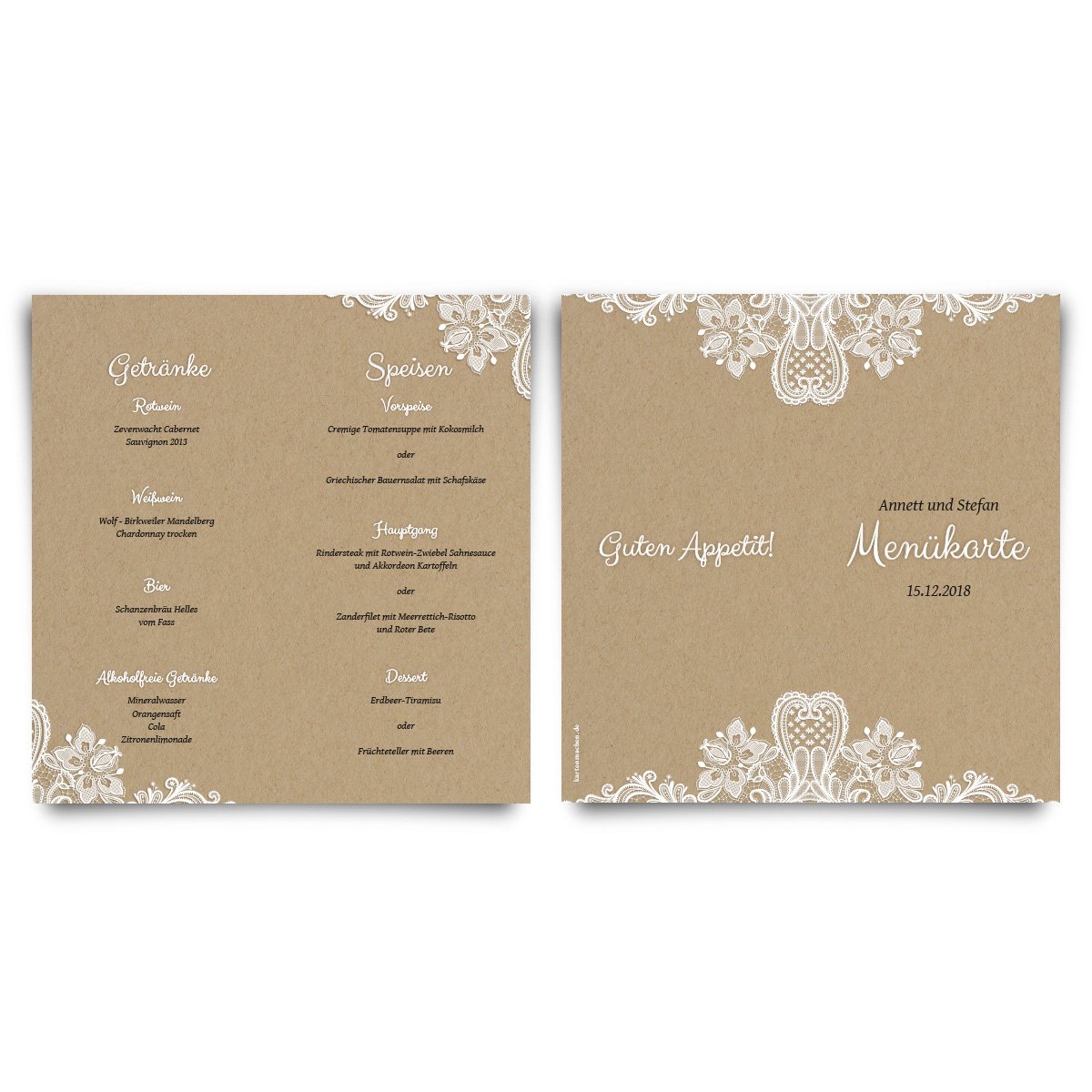 30 x Hochzeit Menükarten Menü Speisen Getränke - Rustikal Kraftpapier Look DIN Lang Klappkarte